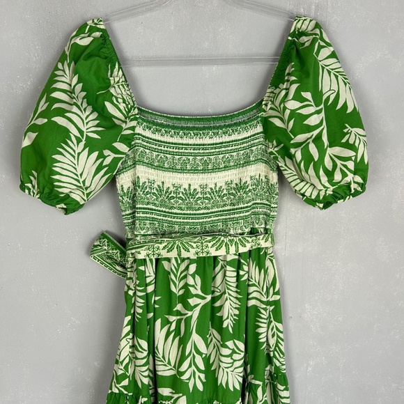 Aura maxi dress size M square neck puff sleeve Kelly green leaf print cotton - Picture 8 of 12